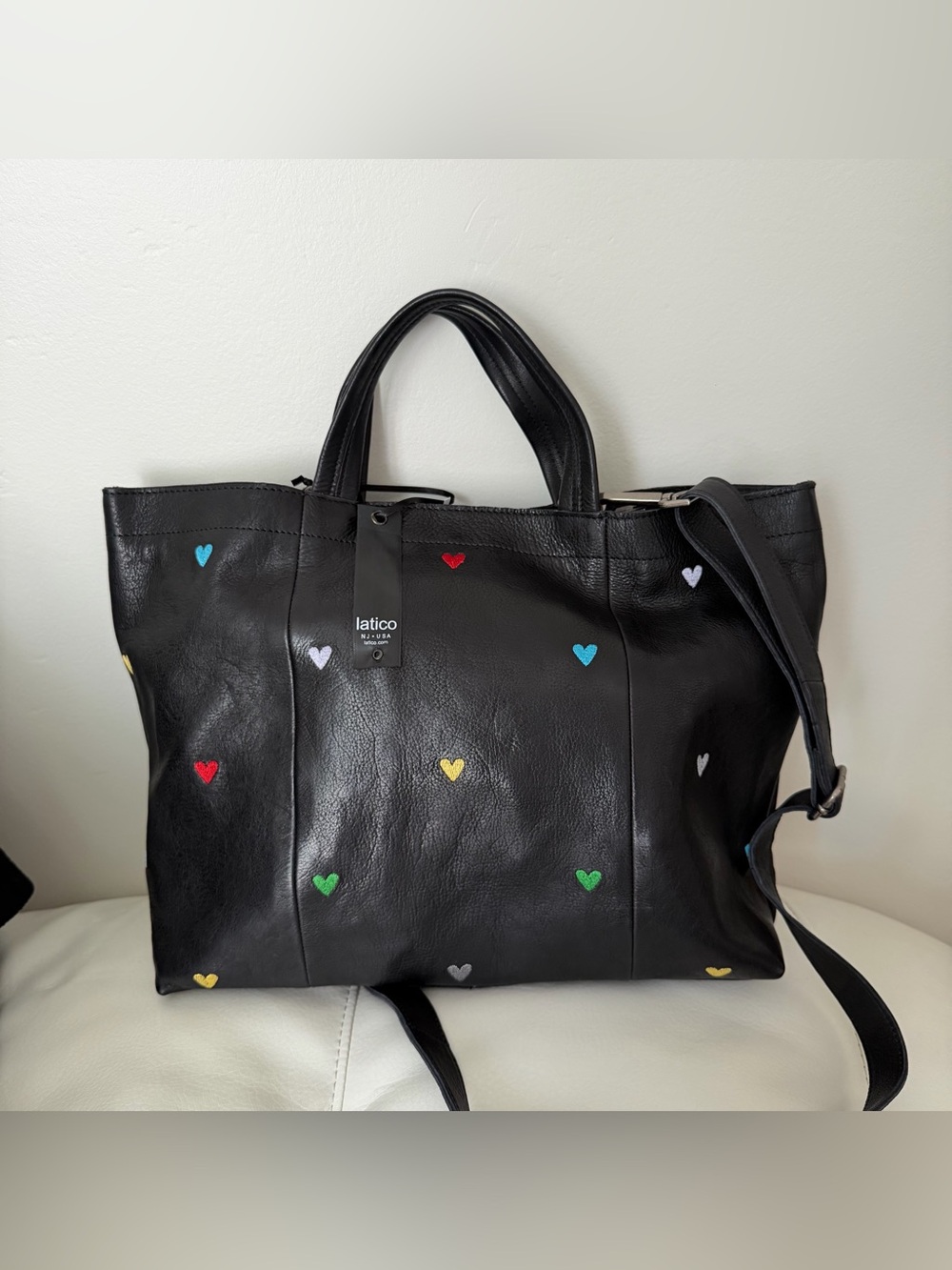 New Latico genuine leather tote bag with colorful heart embroidery